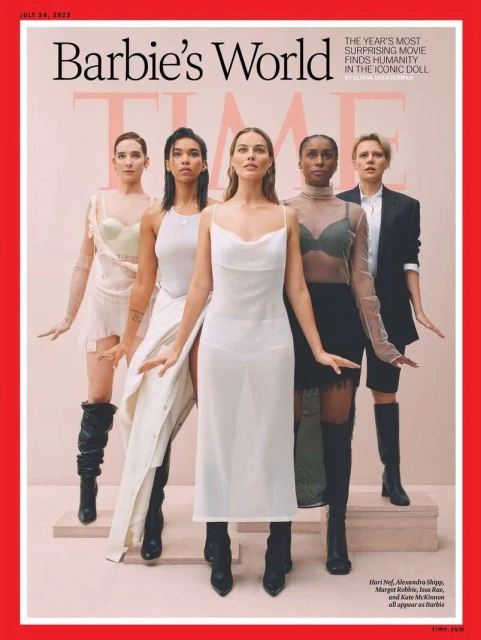 TIME magazine cover featuring five women in dresses and boots against a light backdrop, promoting the Barbie movie.