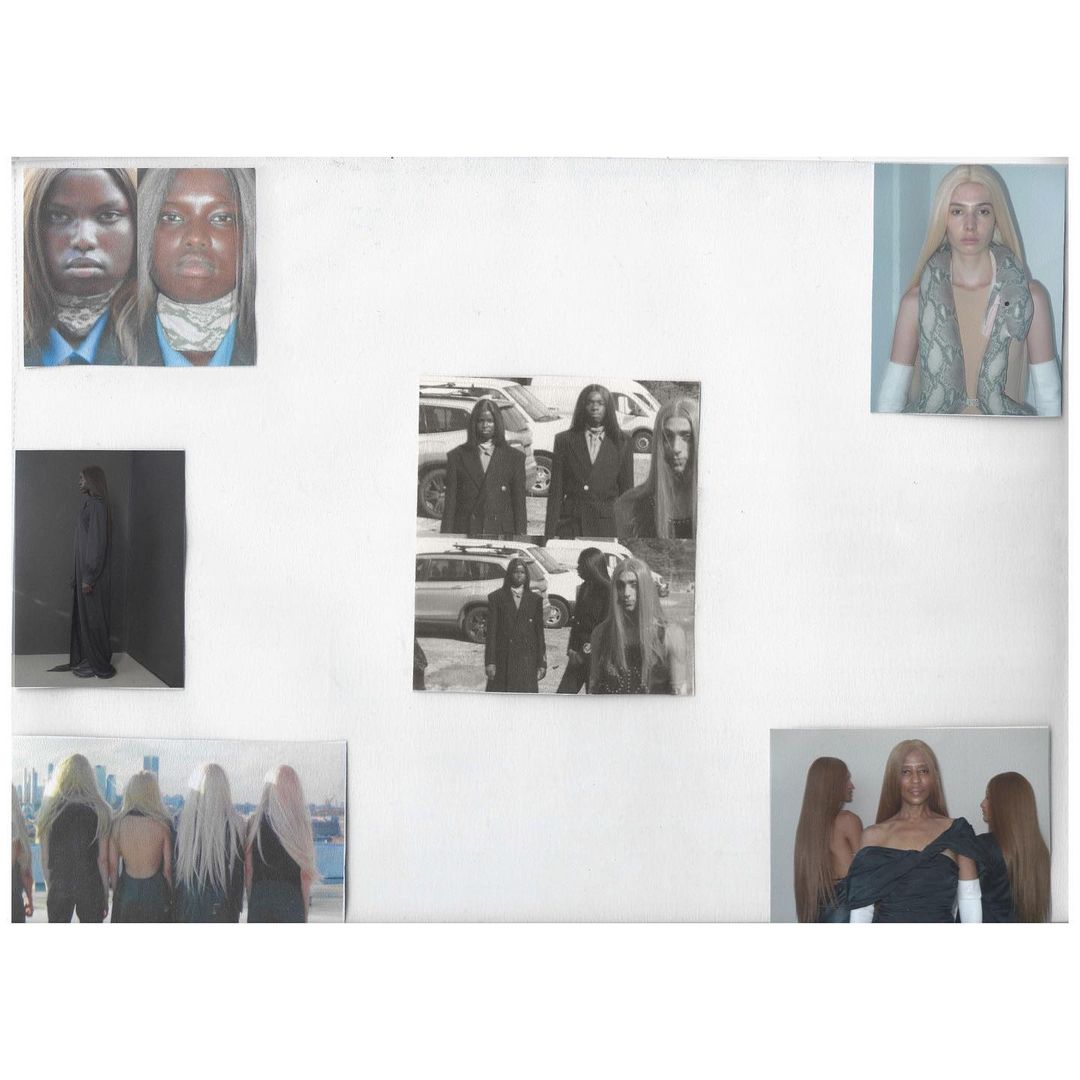 Collage of six fashion portrait photographs on a white background featuring women with blonde wigs and various fashion clothing.
