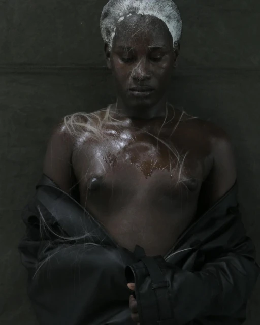 Striking portrait of a topless Black female model with white paint on her head, an open jacket, against a dark grey backdrop.