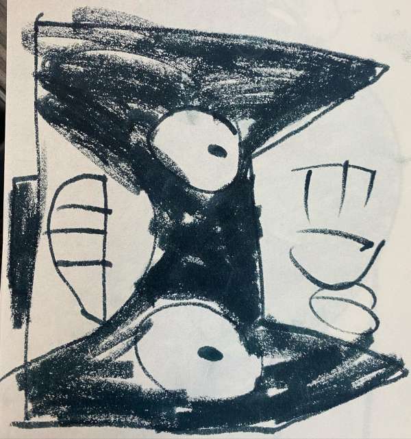 Abstract drawing featuring dark charcoal on white paper, with a geometric and biomorphic shapes creating a unique composition.