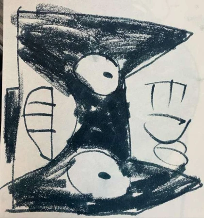 Abstract drawing featuring dark charcoal on white paper, with a geometric and biomorphic shapes creating a unique composition.