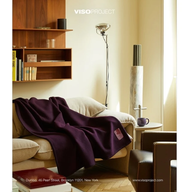 Interior design featuring a plush purple throw blanket draped over a cream sofa, complemented by wooden shelves and minimalist decor.