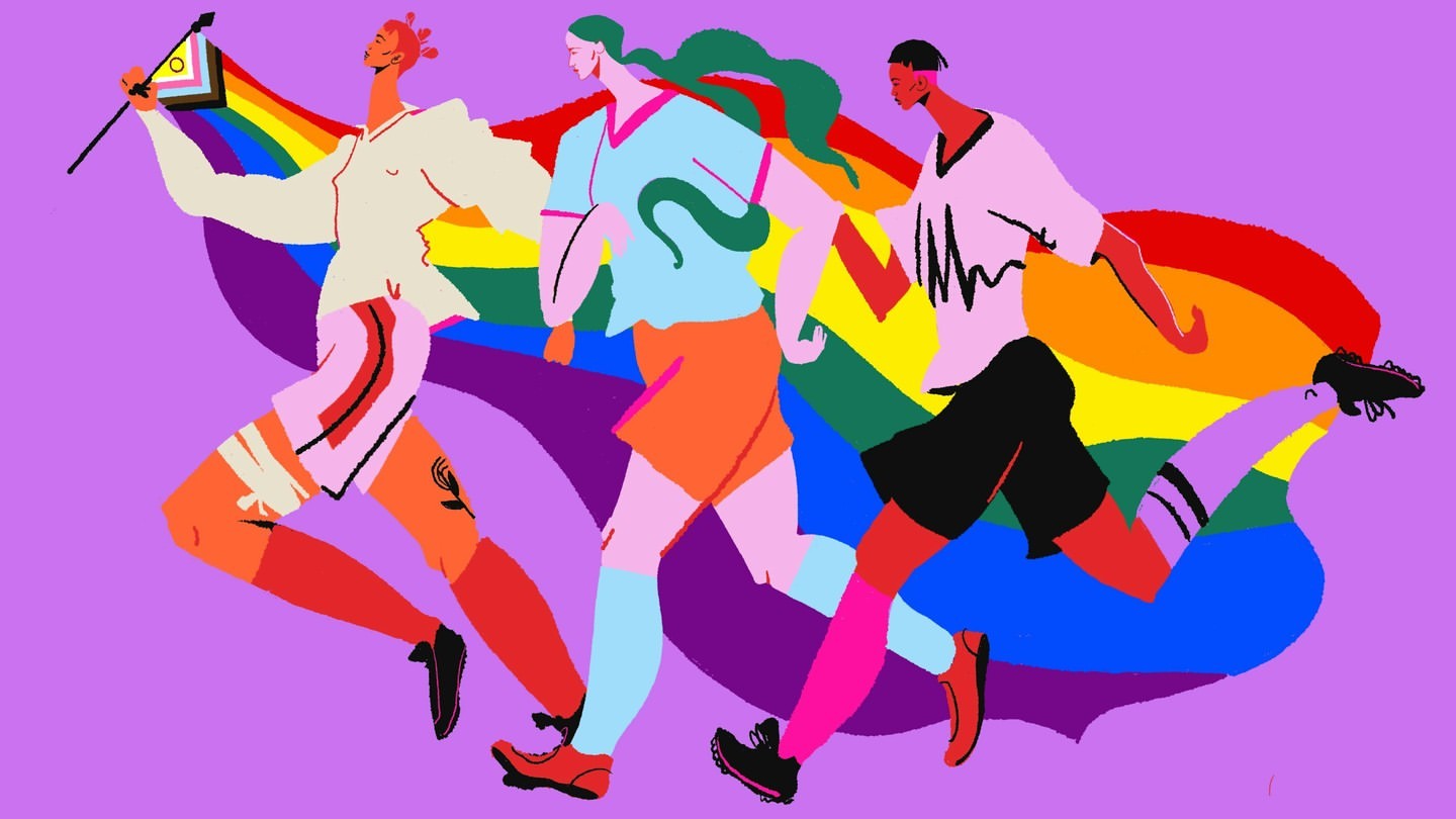 Illustration of three figures in athletic attire running with an LGBTQ+ flag against a lavender background with rainbow accents.