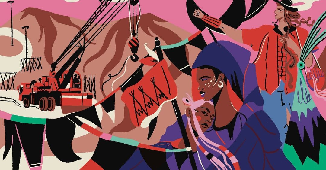 Illustration with people, crane, and mountains, featuring bold colors and geometric shapes in a flat, graphic style, with a construction theme.