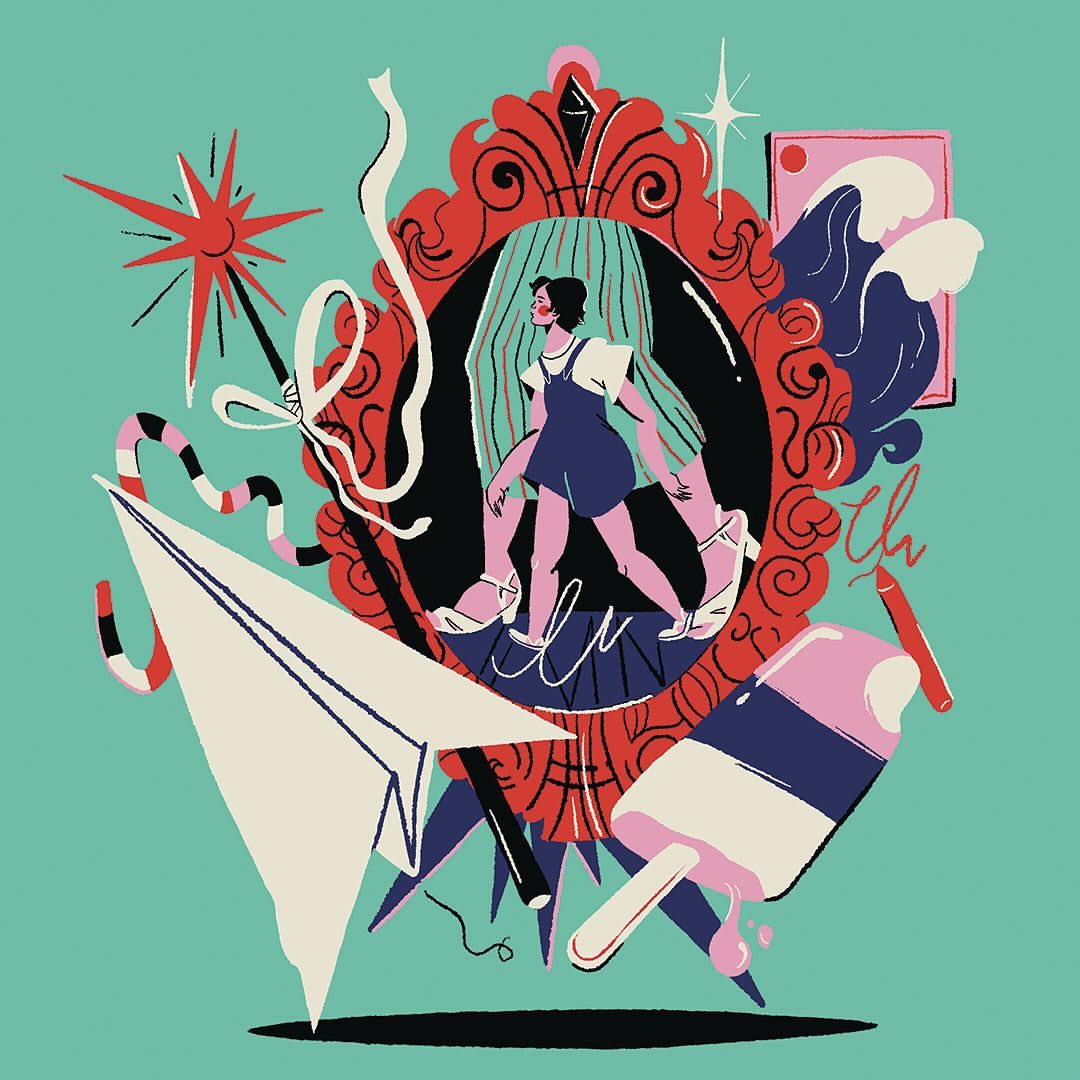 Illustration of a woman stepping through an ornate mirror surrounded by whimsical objects like a paper airplane and melting popsicle.