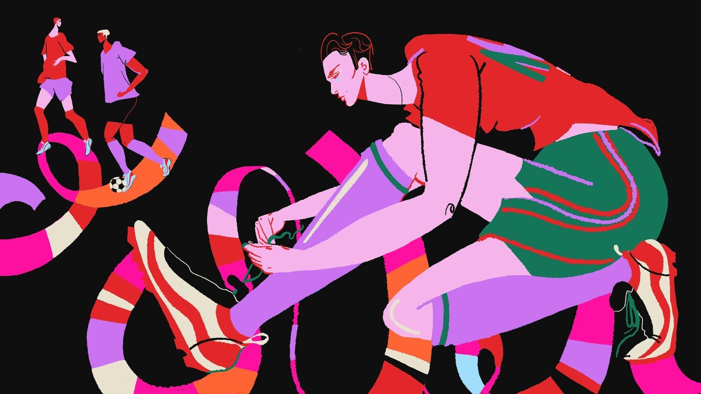 Illustration of a soccer player tying his shoe, with other players and a soccer ball in the background, against a black background.