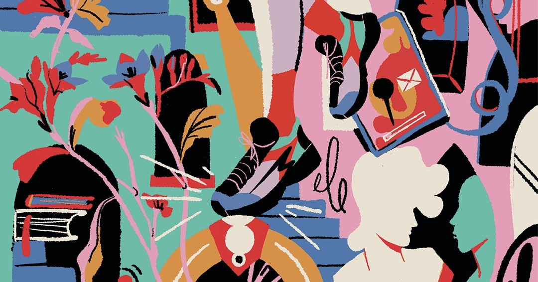 Colorful graphic art features stylized figures, flowers, shoes, and objects in vibrant colors with a flat, textured illustration style.