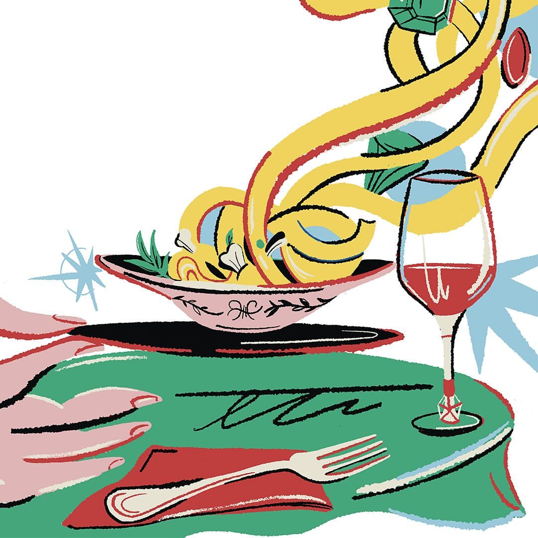 Illustration of a dinner setting with a plate of pasta, a glass of red wine, a fork, and a red napkin on a green tablecloth.