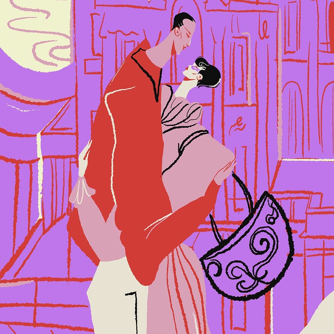 Illustration of a stylish couple standing close together against an abstract purple urban background with architectural elements and light. 