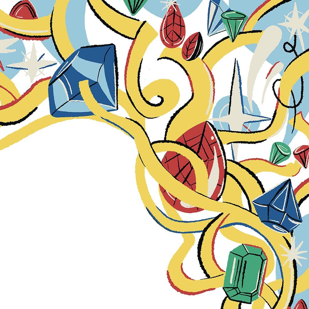 Vibrant cartoon style image featuring a mix of blue, red, and green gemstones intertwined with swirling yellow ribbons and star accents.