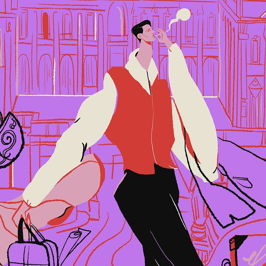 Illustration of a stylish adult male in a red vest and black trousers smoking against an urban architectural background in purple hues.