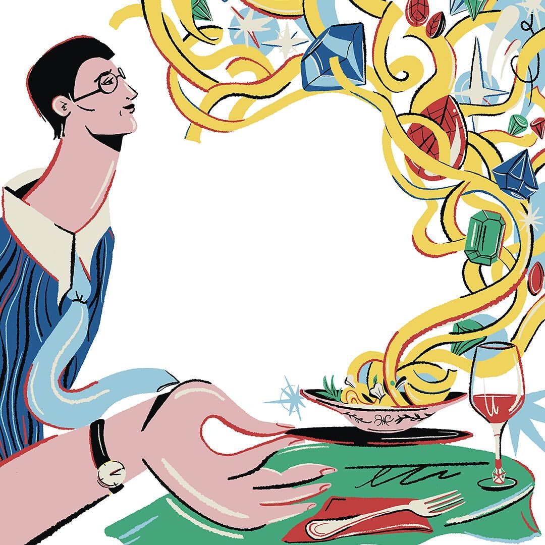 Illustration of an elegant person in eyeglasses looking at floating gems above a plate of pasta, with a wine glass and silverware.