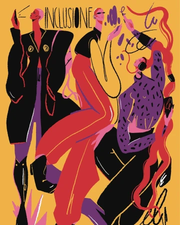 Illustration of three stylized figures in an artistic composition, featuring geometric shapes and vibrant color palette on yellow background.