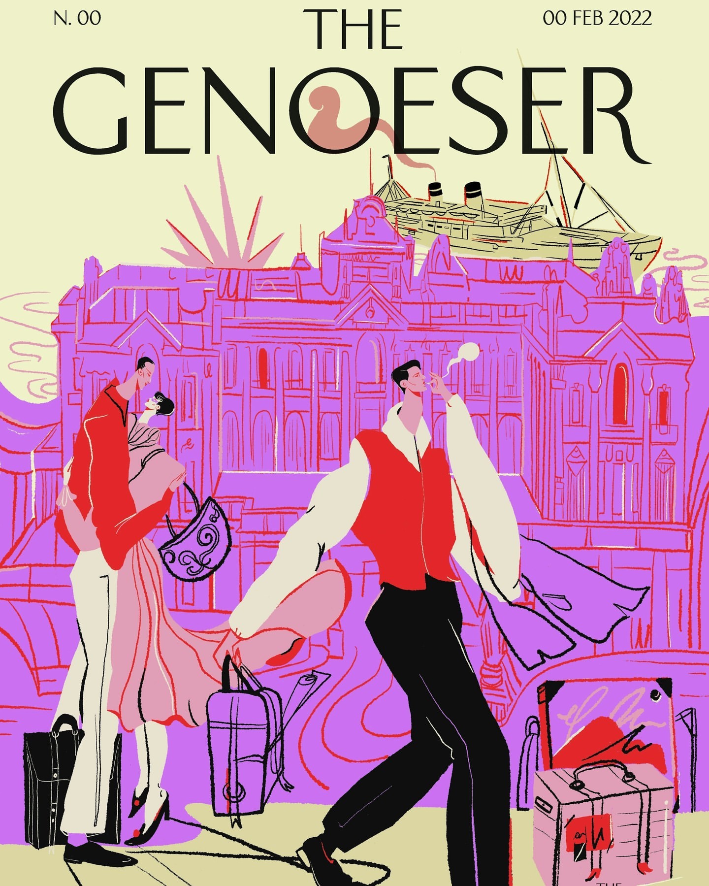 Illustration featuring a couple embracing near luggage and a man walking with a coat, set against a building and ship.