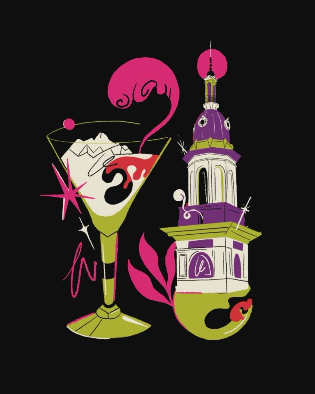 Stylized illustration featuring a cocktail glass with liquid and a cherry, alongside a tower structure on a black background.