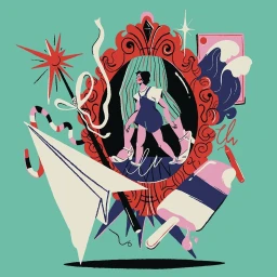 Surreal digital illustration by Carolina Altavilla featuring a woman inside an ornate red frame surrounded by graphic elements