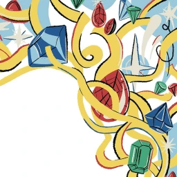 Colorful illustration of interlocking yellow ribbons, faceted gemstones, and sparkling starbursts on a white background