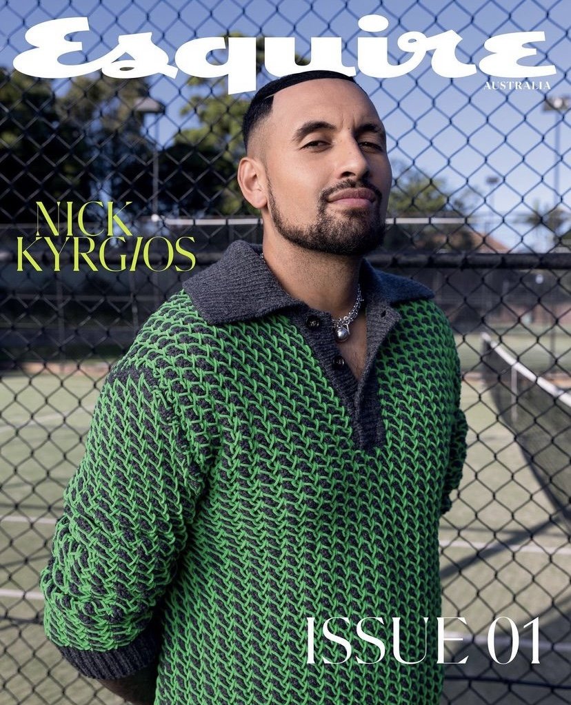 Magazine cover featuring Nick Kyrgios wearing a green patterned sweater in front of a tennis court, with the 'Esquire Australia' masthead.
