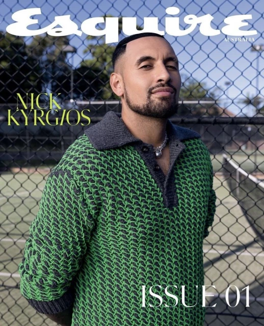 Magazine cover featuring Nick Kyrgios wearing a green patterned sweater in front of a tennis court, with the 'Esquire Australia' masthead.