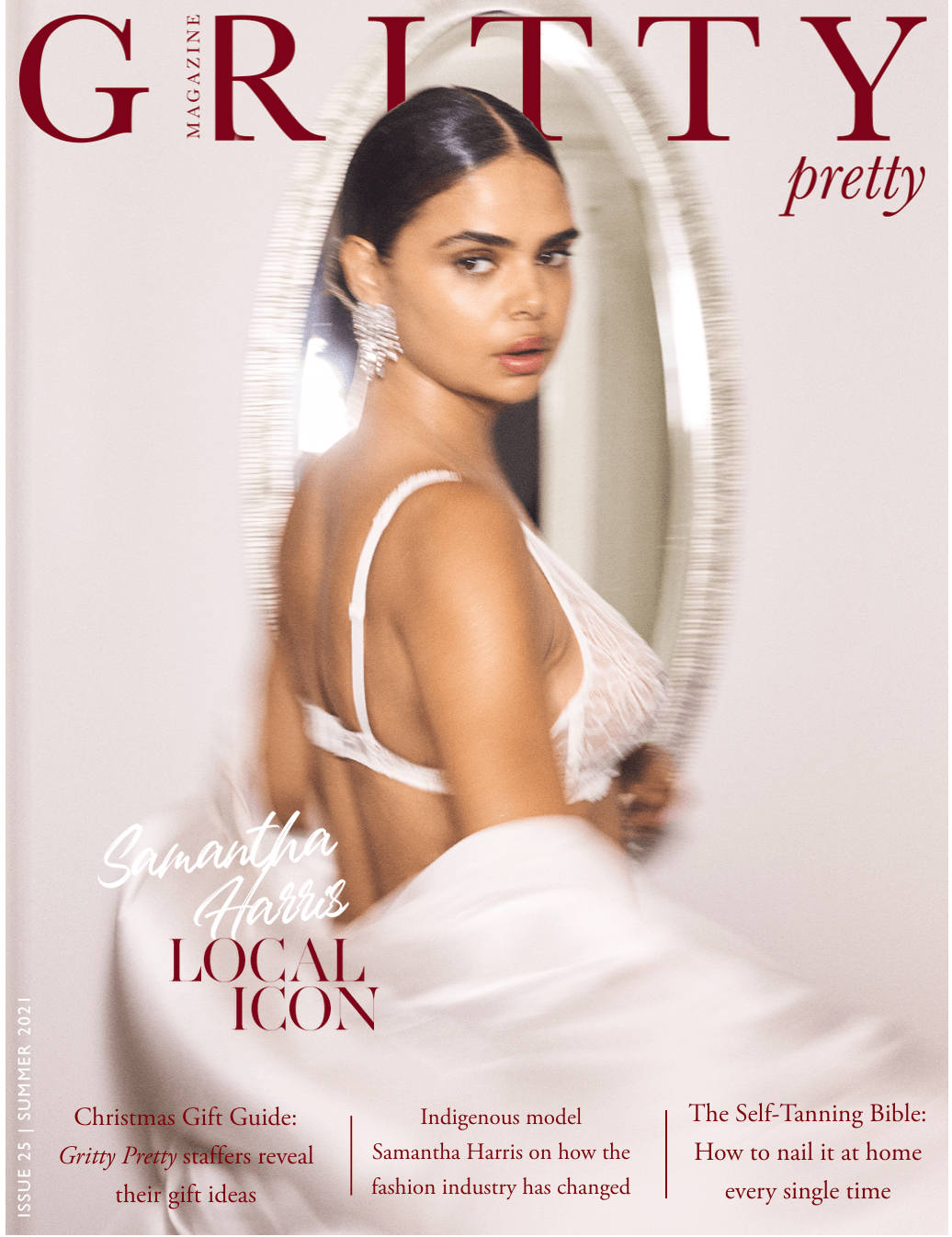 Magazine cover featuring a woman in lingerie with statement earrings and a satin shawl, makeup and a mirror background.
