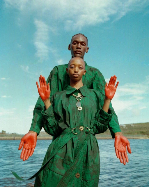 Two fashion models in matching green outfits pose outdoors with red painted hands against a blue sky and lake backdrop.