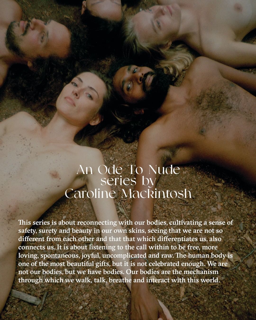Group of diverse nude people lying down together on the ground outside. Warm lighting enhances skin tones and natural environment.