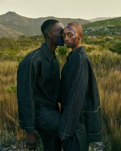 A stylish couple in matching dark denim outfits pose in a grassy field against a mountainous backdrop, showcasing fashion and scenic beauty.
