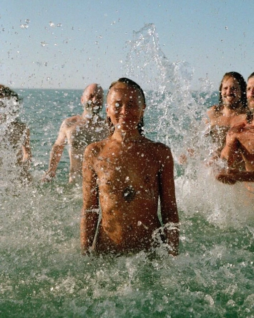 Group of people in the ocean splashing water, including one woman in the center and men with beards, under clear sky and bright lighting.