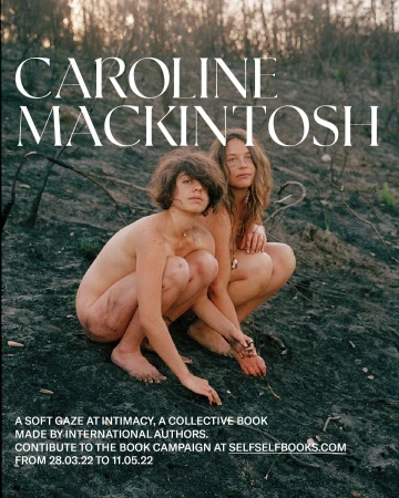 Two nude adult females pose in a scarred, earthy landscape near bare trees in editorial style, with visible brand names in the frame.