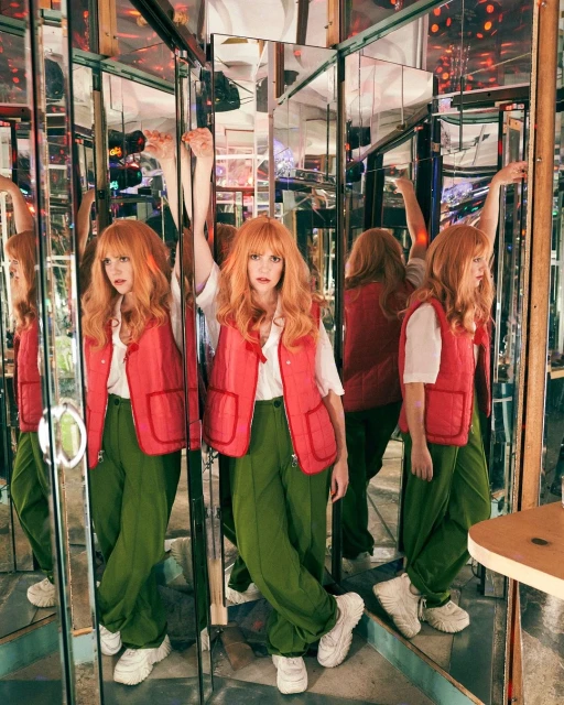 A woman with red hair poses in a red vest and green pants in a mirrored room, creating multiple reflections and a sense of depth.