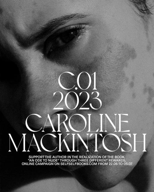 Close-up black and white portrait of Caroline Mackintosh, C.01 2023 book promotion with text on face, online campaign at selfselfbooks.com.