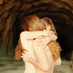 Two people with long blonde hair embracing closely inside a dark rocky cave
