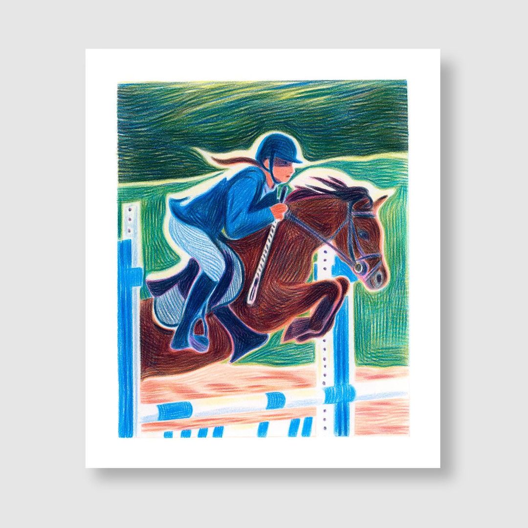 Illustration of a woman riding a horse jumping over an obstacle, rendered with cross-hatching and vibrant colors on a white background.