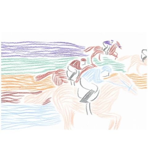 Artistic depiction of horse racing, showcasing jockeys and horses in motion with vibrant, pastel-colored strokes and a minimalist background.