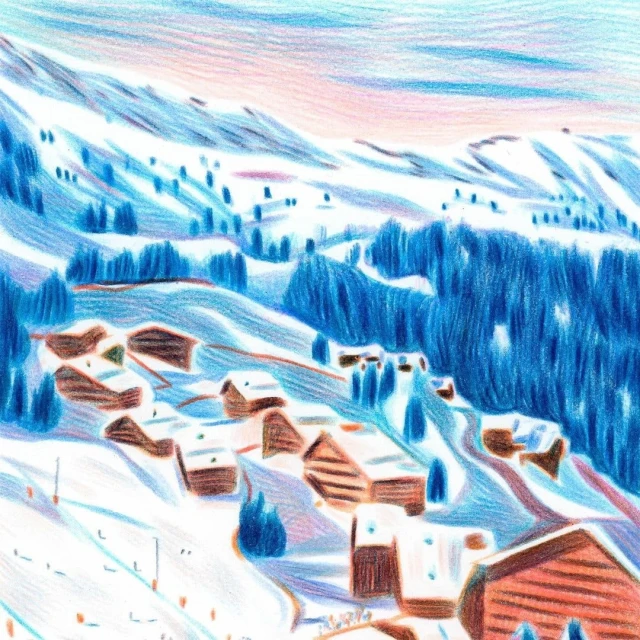 Snow-covered mountain landscape illustration featuring a ski resort with chalets and evergreens, set against a blue-and-pink sky.