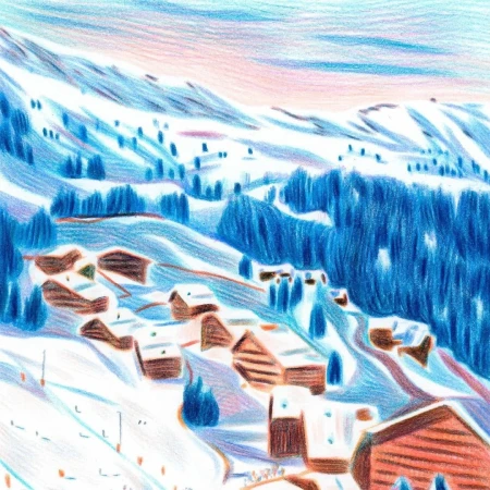 Snow-covered mountain landscape illustration featuring a ski resort with chalets and evergreens, set against a blue-and-pink sky.