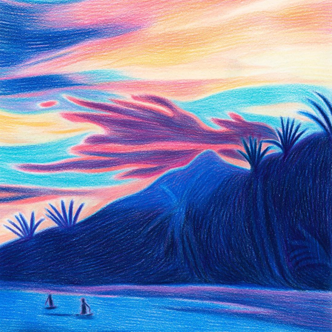 Illustration of a vibrant, textured sunset sky over a mountain range with boats sailing on water, rendered in a colorful, artistic style.