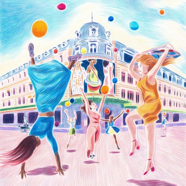 Whimsical illustration of women juggling colorful balls in front of a building with fashion window displays, creating a lively street scene.