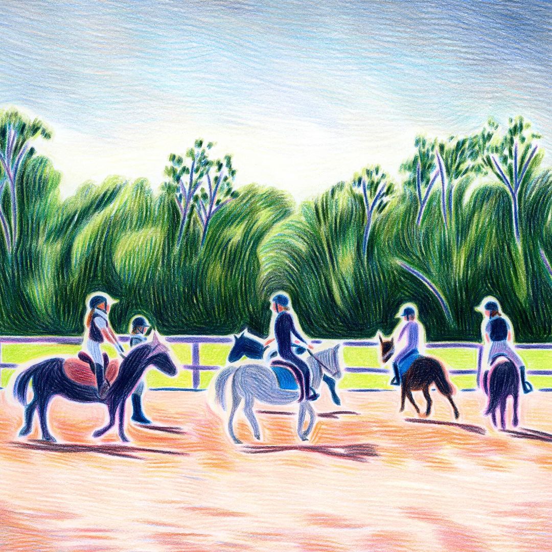 Pencil-style digital art of equestrian training with five people riding horses in an outdoor paddock with a wooded background.