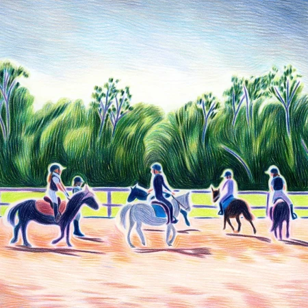 Pencil-style digital art of equestrian training with five people riding horses in an outdoor paddock with a wooded background.