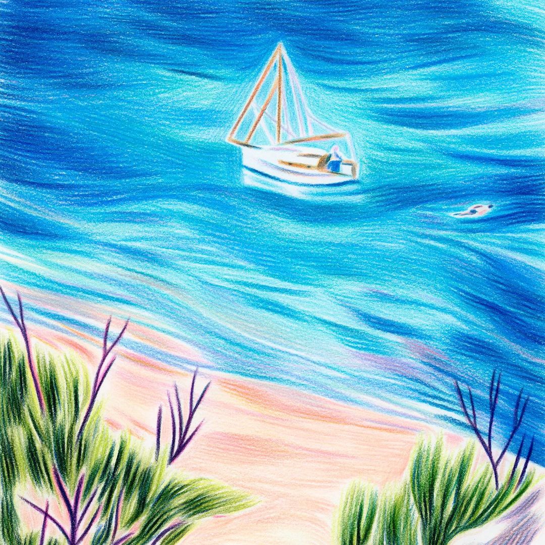Illustration of a sailboat on the ocean near a sandy beach with a swimmer visible in the distance, rendered in a colorful pencil style.