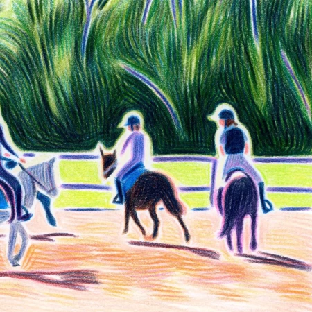 Pencil art illustration of three people riding horses in a grassy field, under the sunlight, wearing riding helmets and equestrian clothing.