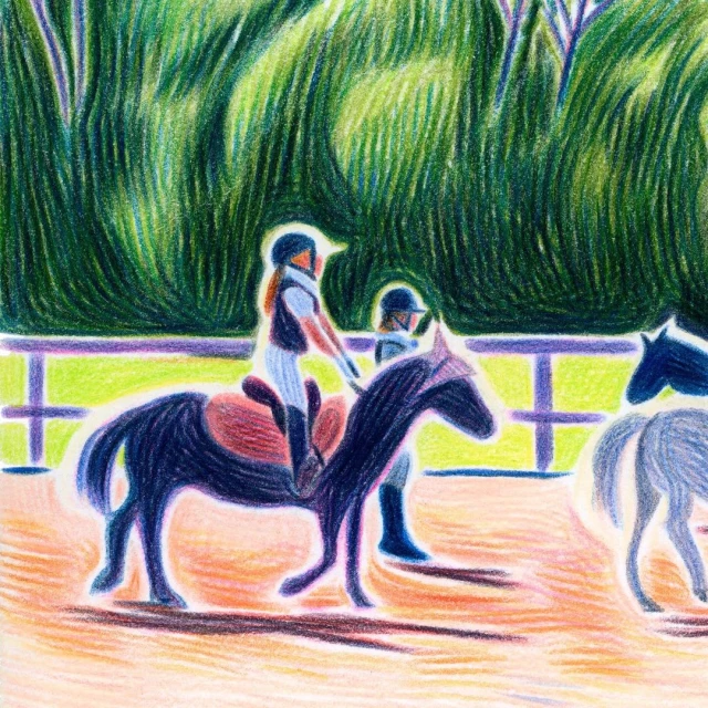 Illustration of two women riding horses side by side in an outdoor equestrian ring with a background of green trees.