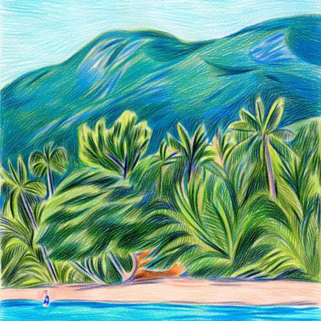 Illustration of a tropical beach with palm trees, vegetation, turquoise water, sandy beach, and a distant mountain under a blue sky.