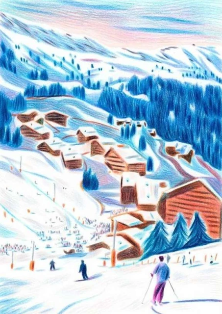 Illustration of a snowy mountain landscape with skiers on the slopes and village houses nestled in the snow. Pine trees add to the scene.