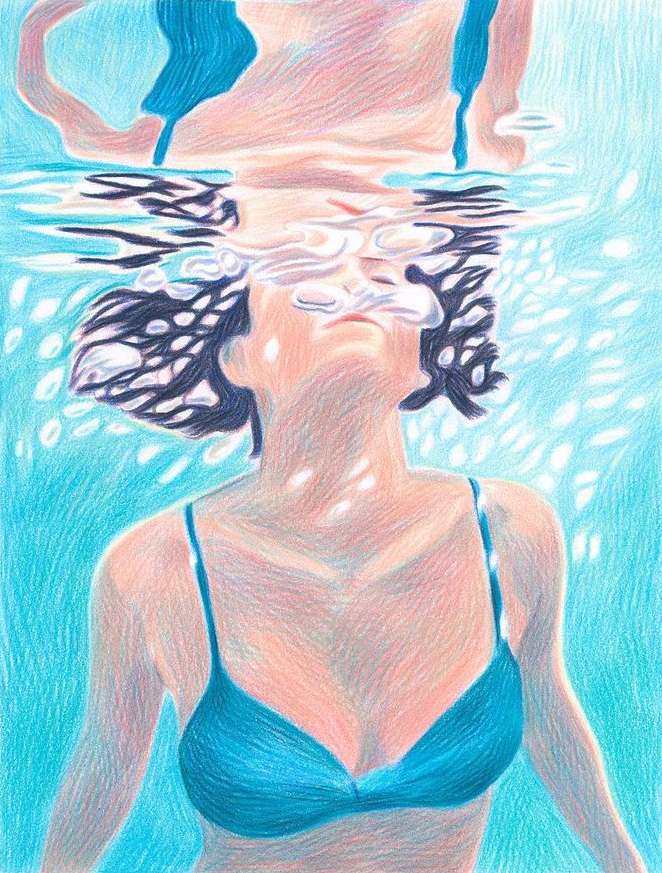 Illustration of a woman partially submerged in water, wearing a blue bikini top, with an upside-down reflection and bright light.