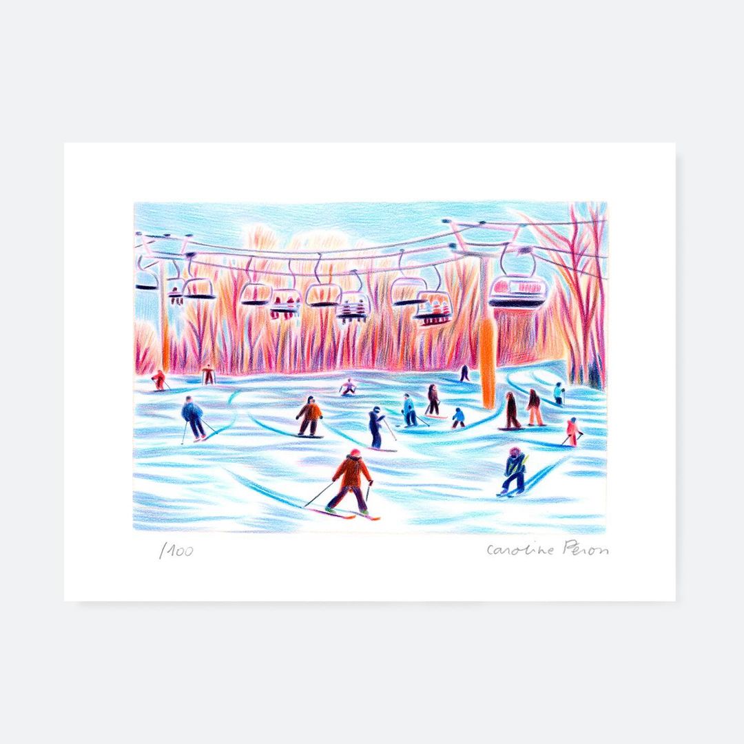 Illustration of skiers on a snowy mountain slope beneath a ski lift, rendered in a colorful, textured style.