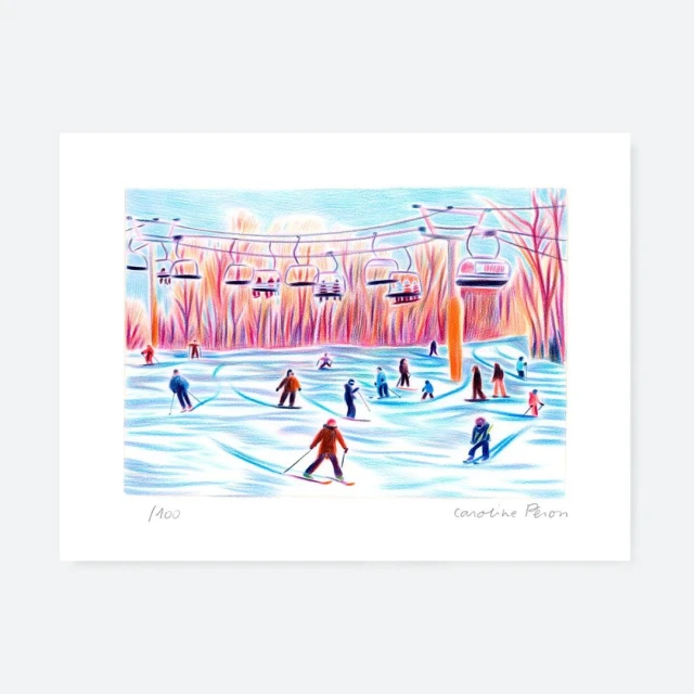 Illustration of skiers on a snowy mountain slope beneath a ski lift, rendered in a colorful, textured style.