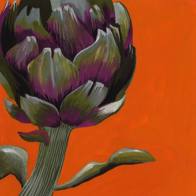 Illustration of an artichoke with purple and green petals set against a bold orange background, showcasing a blend of realism and stylization.