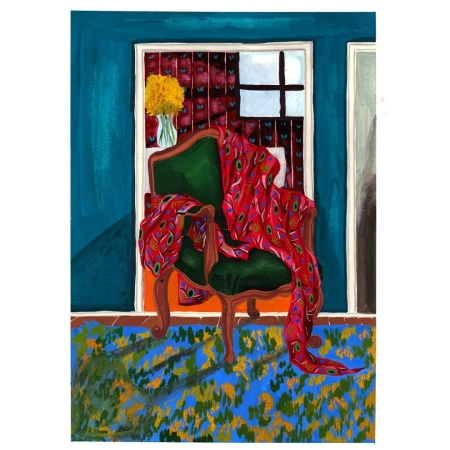 An interior illustration of a green armchair draped with a red patterned throw in front of a window with yellow flowers.